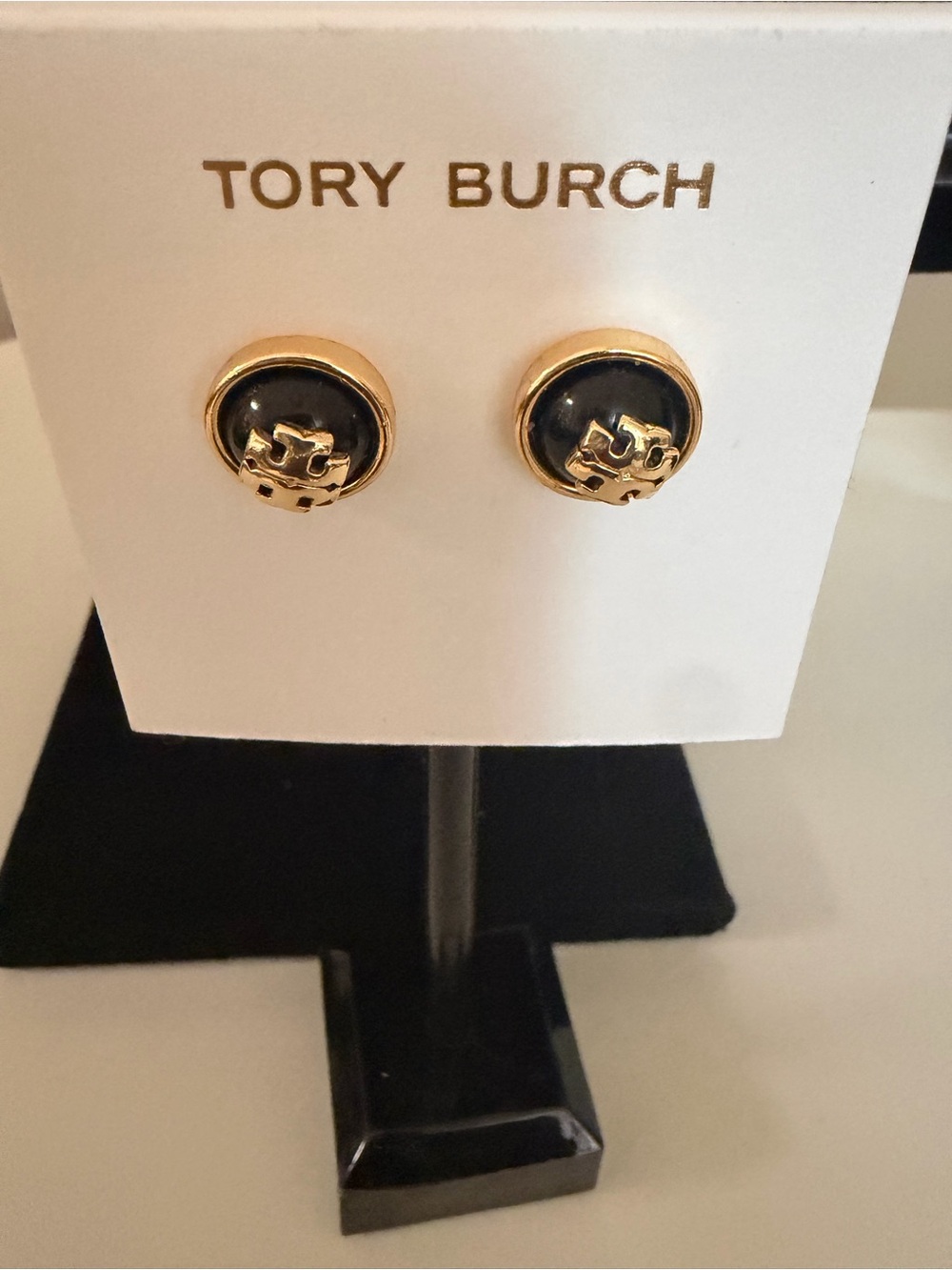 Tory Burch Black and Gold Round Logo Stud Earrings